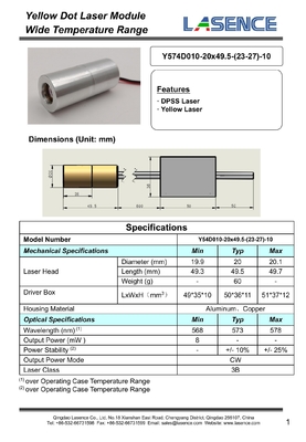 Bouwwerkzaamheden 574nm Gele Laser 8mW 10mW DPSS Laser Hoge stabiliteit Onderdelen Type Laser Component