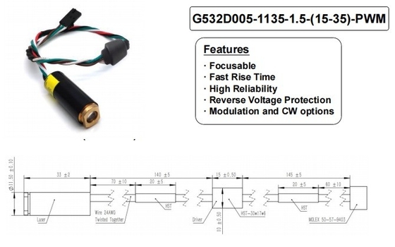 5000 uur levensduur Groene 532nm Dot Laser 5mW met snelle stijging en scherpstellend ontwerp